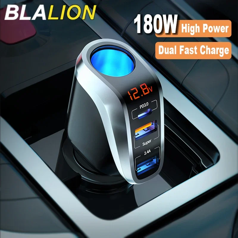 Car Super Fast Charger USB 180W Charging QC3.0 PD 66W Quick Charge Cigarette Lighter Socket Type C For iPhone Xiaomi Samsung