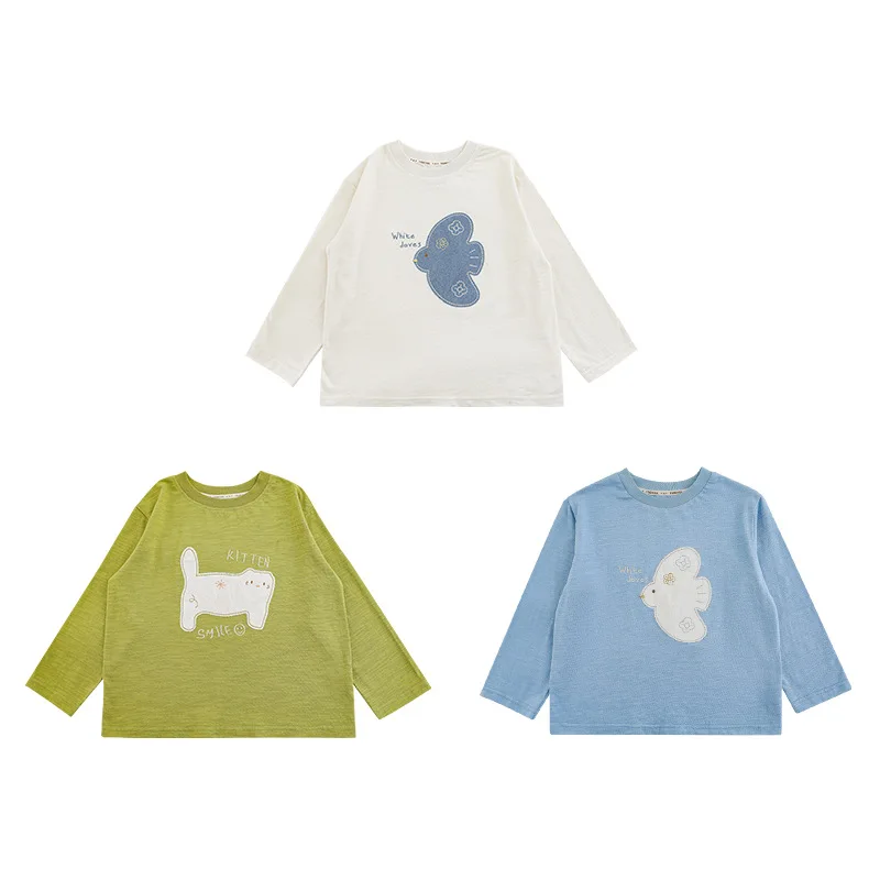 

2025 Korean Version Cartoon Sticker Embroidered T-shirt For Girls Cotton Spring Fun Cute Ribbed Round Neck Casual Top