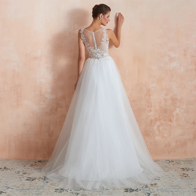 Customized Sleeveless Vestidos De Novia O Neck Pearls Button Lace A-line Back Illusion Wedding Dresses Sleeveless