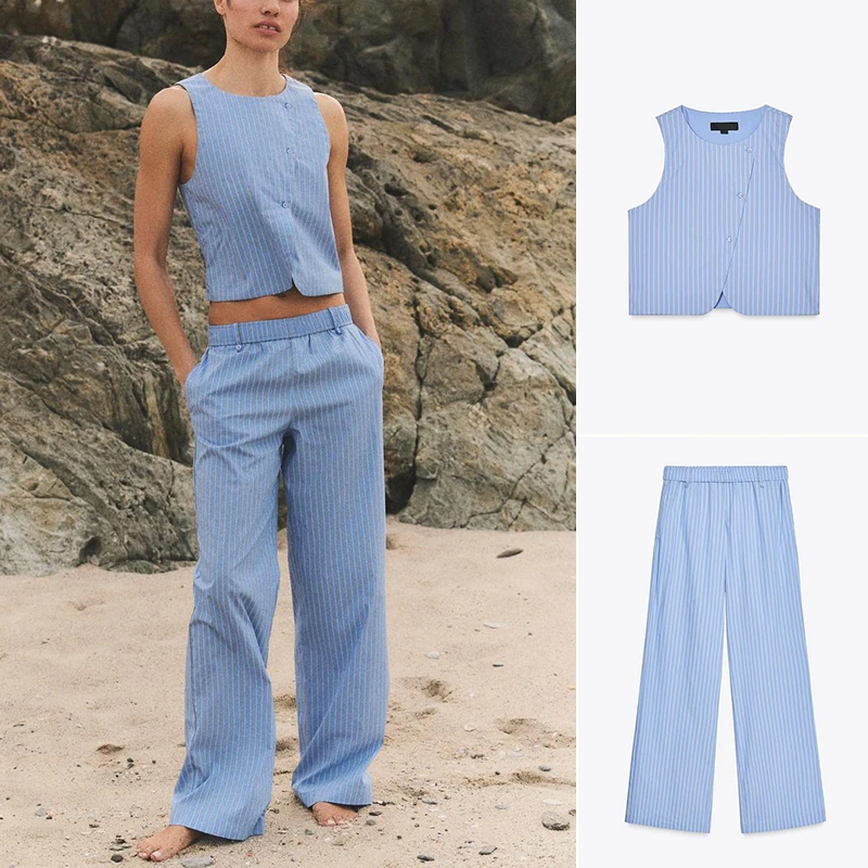 

Comfortable Striped Svel round Ne Vest Sle Tank Top And Casual High Waist Long Pants Two Piece Set Women's Faion