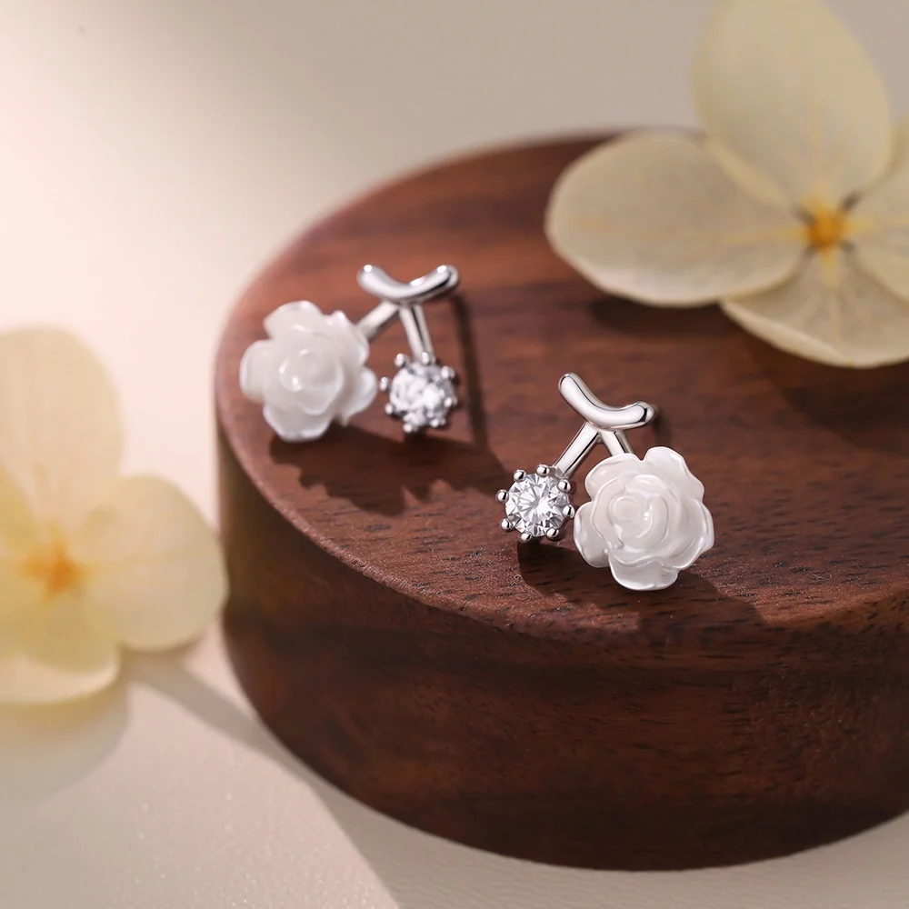 F.I.N.S S999 Silver Needle Sweet Zircon Shell Flower Copper Stud Earrings for Women Fashion Jewelry Elegant Plant Accessor