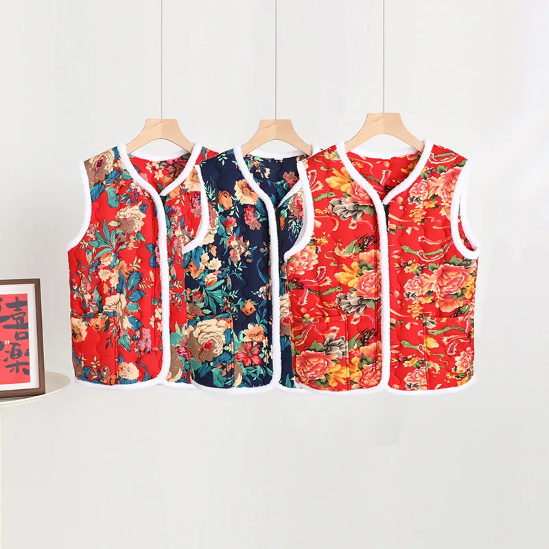 

Thiened Floral Women's Vest Northeast Autumn Winter Warm Mommy Sle Middle-Aged And ly oulder Pad Retro Top