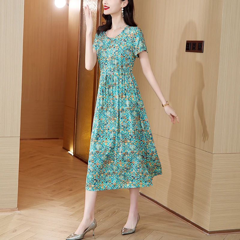 Koreanisches elegantes bedrucktes Seiden kleid Damen Sommer Retro Kurzarm knielanges Kleid neues locker geschnittenes fragmentiertes Blumen kleid