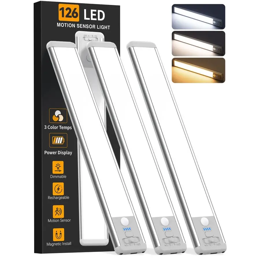 Cabinet Lighting Wireless, Motion Sensor Light Indoor Rechargeable, 3 Color Dimmable Closet Light Battery Operated with LED Powe