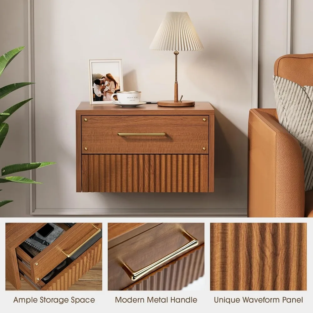 Mid Century Modern Floating Nightstand Set of 2, Wood Wall Mounted Bedside Table with 2 Storage Drawers & Fluted Decor