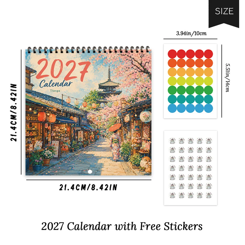 1pc 2027 Japanese Street Wall Calendar,12‑Month Planner,Gift For Back‑to‑School,Christmas,New Year,Free Stickers Included