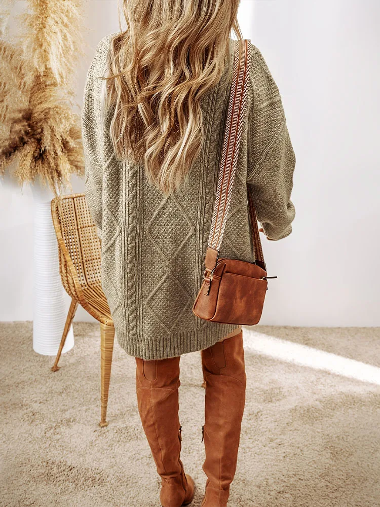 جديد حجم كبير الرقبة المستديرة كابل متماسكة فضفاضة ميدي فستان فوقي اليومية مريحة المرأة سترة الخريف الشتاء الدافئة الكاكي الملابس النسائية