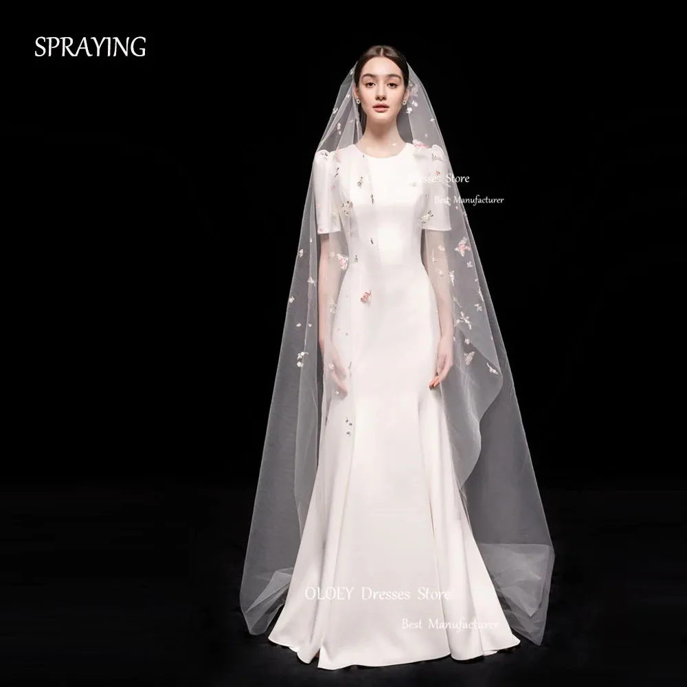 

SPRAYING Simple Mermaid Korea Wedding Dresses Short Sleeves O-Neck Stretch Satin Floor Length Bridal Gowns With Tulle Veil