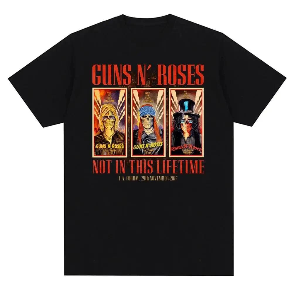 تي شيرت مطبوع بنمط Gun and Rose، ملابس شارع Retro Rock Band، صيفي مطبوع من القطن الخالص Harajuku Retro بأكمام قصيرة