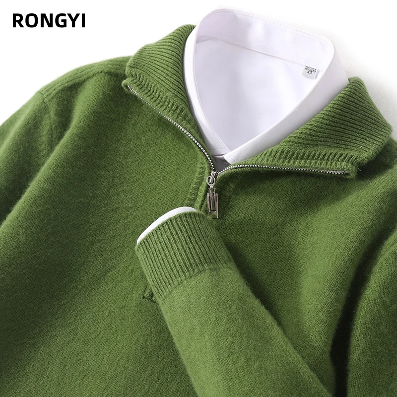 RONGYI Autumn And Winter 100% Merino Wool Men\'s Pullover Sweater Turndown Collar Zipper Solid Color Knitted Padded Coat Jacket