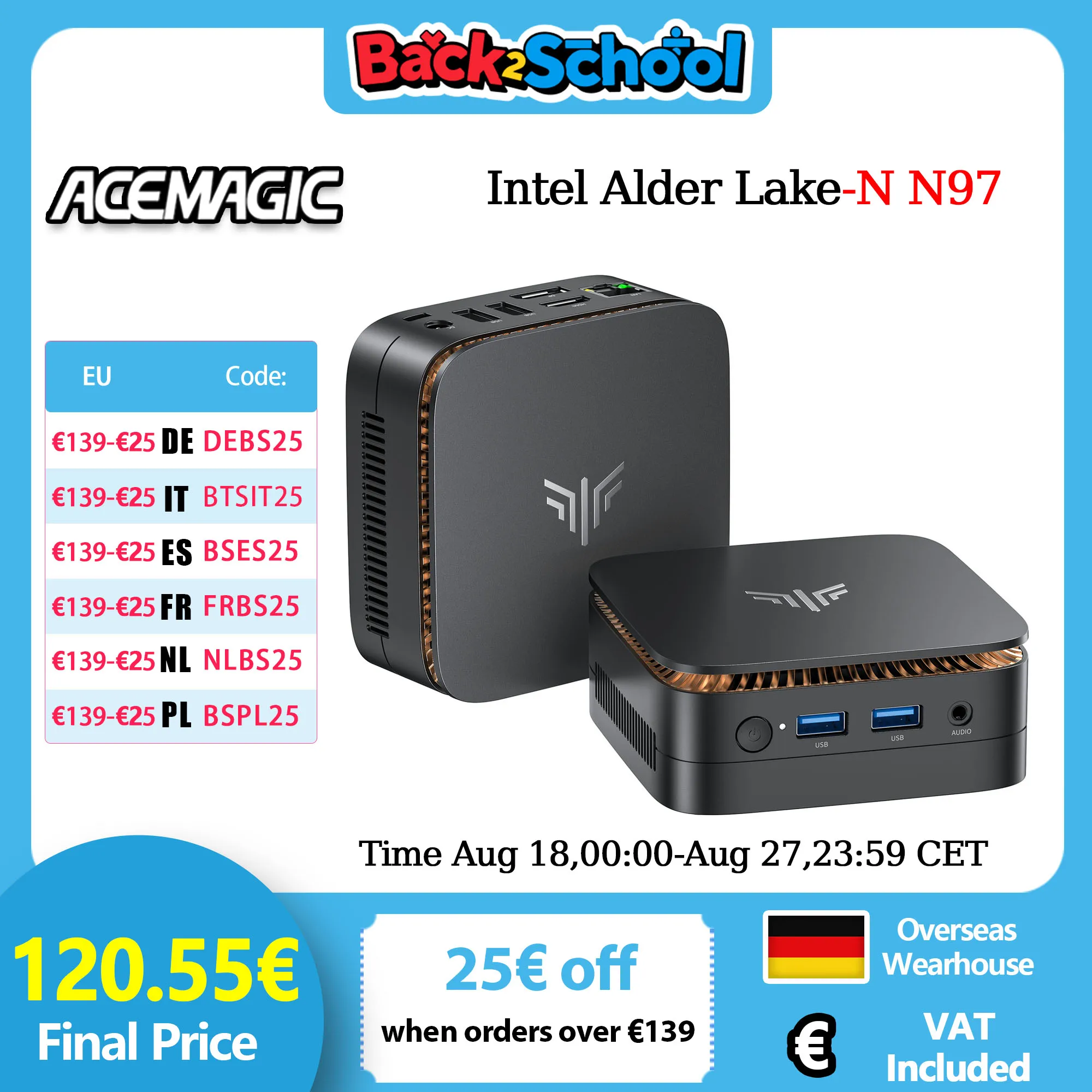 ACEMAGIC E1 Intelel Alder Lake-N97 Mini PC 16 GB DDR4 512 GB SSD Mini Computer/2.4 + 5G WiFi/BT4.2 4K a 60 Hz UHD PC Desktop per ufficio