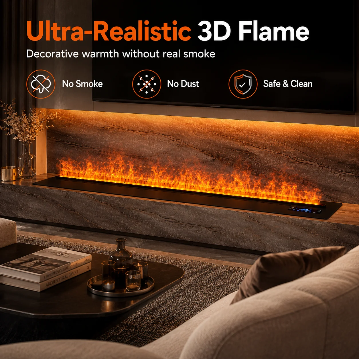 Stainless Steel 3D Water Vapor Fireplace Insert Modern Design Smart APP & Remote Control Auto Water Fill Living Room & Hotel Use