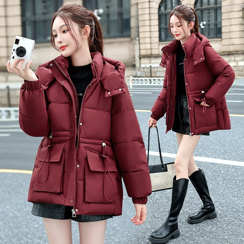 Pinkyisblack 2025 engrossado quente com capuz jaqueta roupas de inverno das mulheres novo coreano solto meados de comprimento algodão acolchoado jaqueta outwear