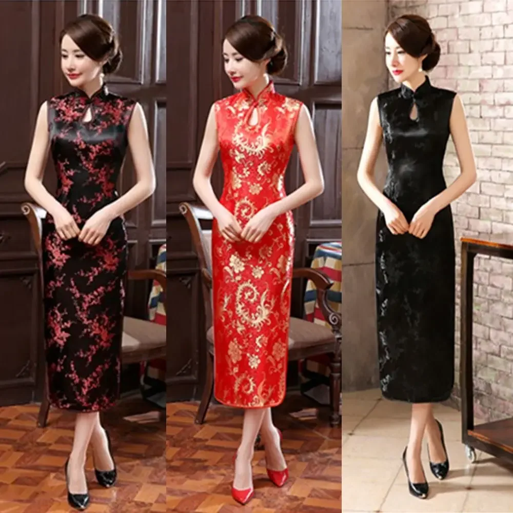 

Floral Print Cheongsam Dresses Chinese Style Mandarin Collar Bodycon Dresses Maxi Side Slit Traditional Clothing Evening Dress
