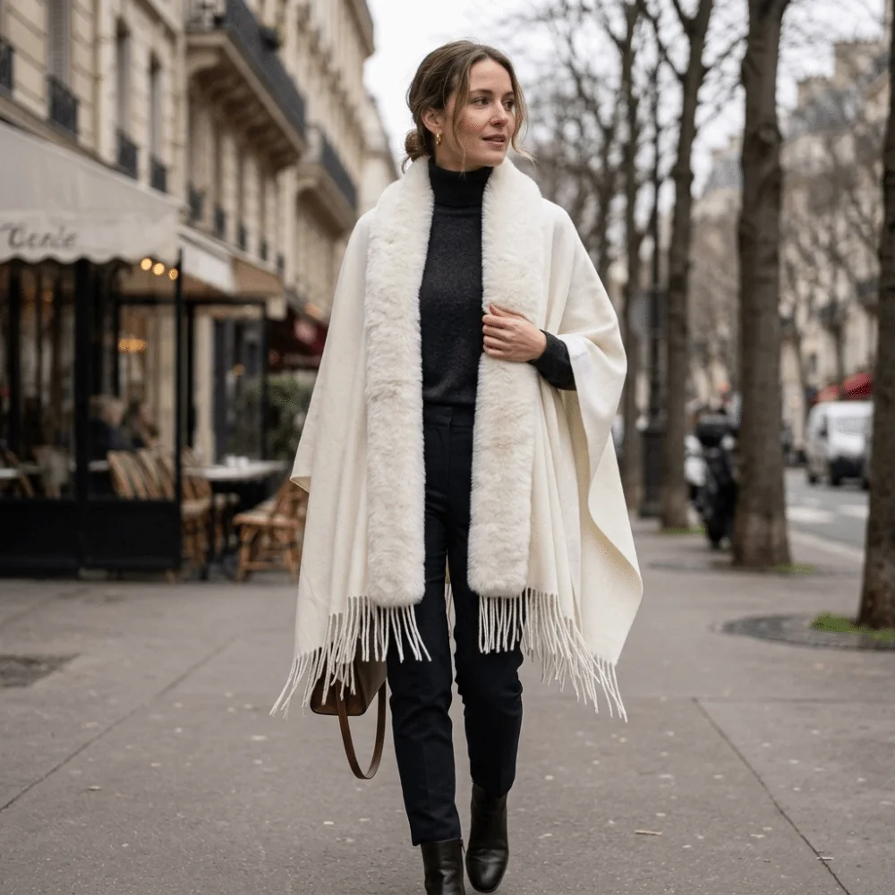 Minimalist Oversized Faux Fur Collar Shawl Tassel Soft Oversized Warm Cape Polyester Warm Lining Wrap Poncho Women