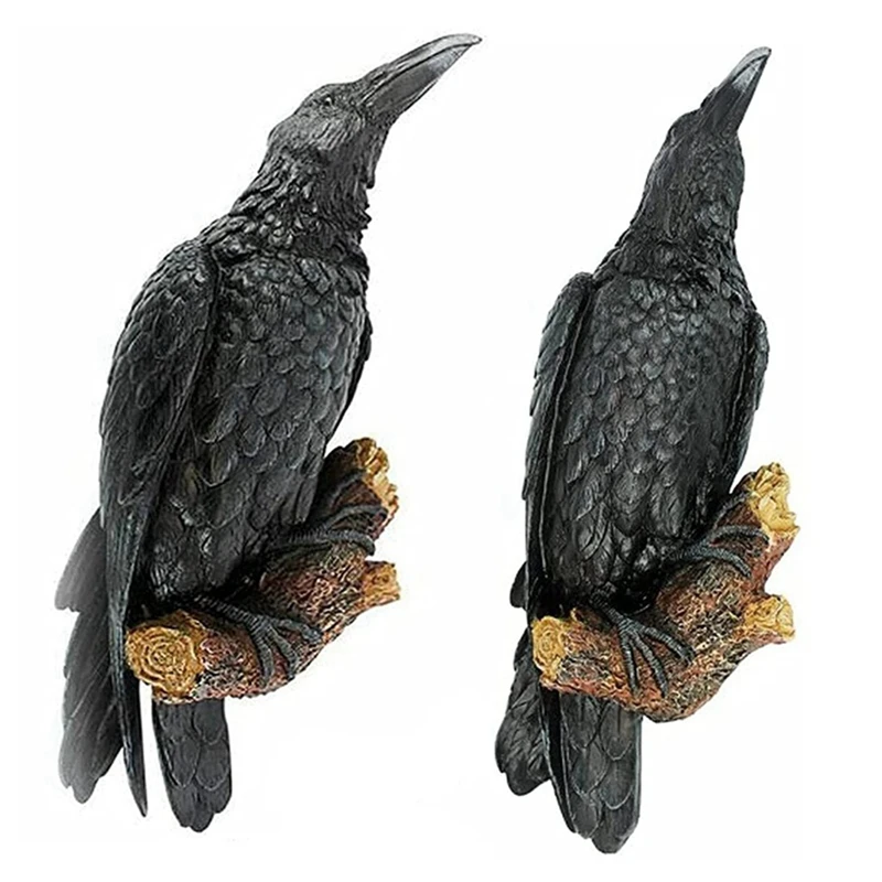 2PCS Raven Resin Statue Bird Crow Sculpture Outdoor Crows Halloweens Decor For Garden Courtyard Animal Decoration