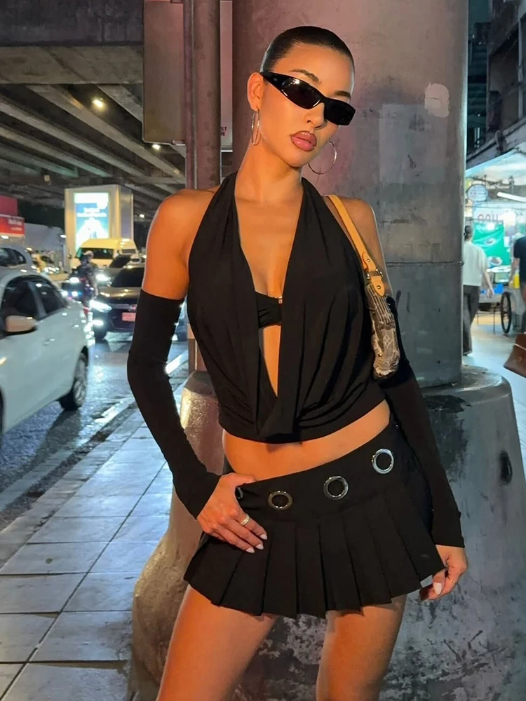 กระโปรงพลีท Nibber Chic สไตล์ Y2K สำหรับผู้หญิง ดีไซน์เว้าโลหะ ย่นยับ ยืดหยุ่น ทรงเข้ารูป เซ็กซี่  สำหรับใส่เที่ยวกลางคืน แฟชั่นสตรีท