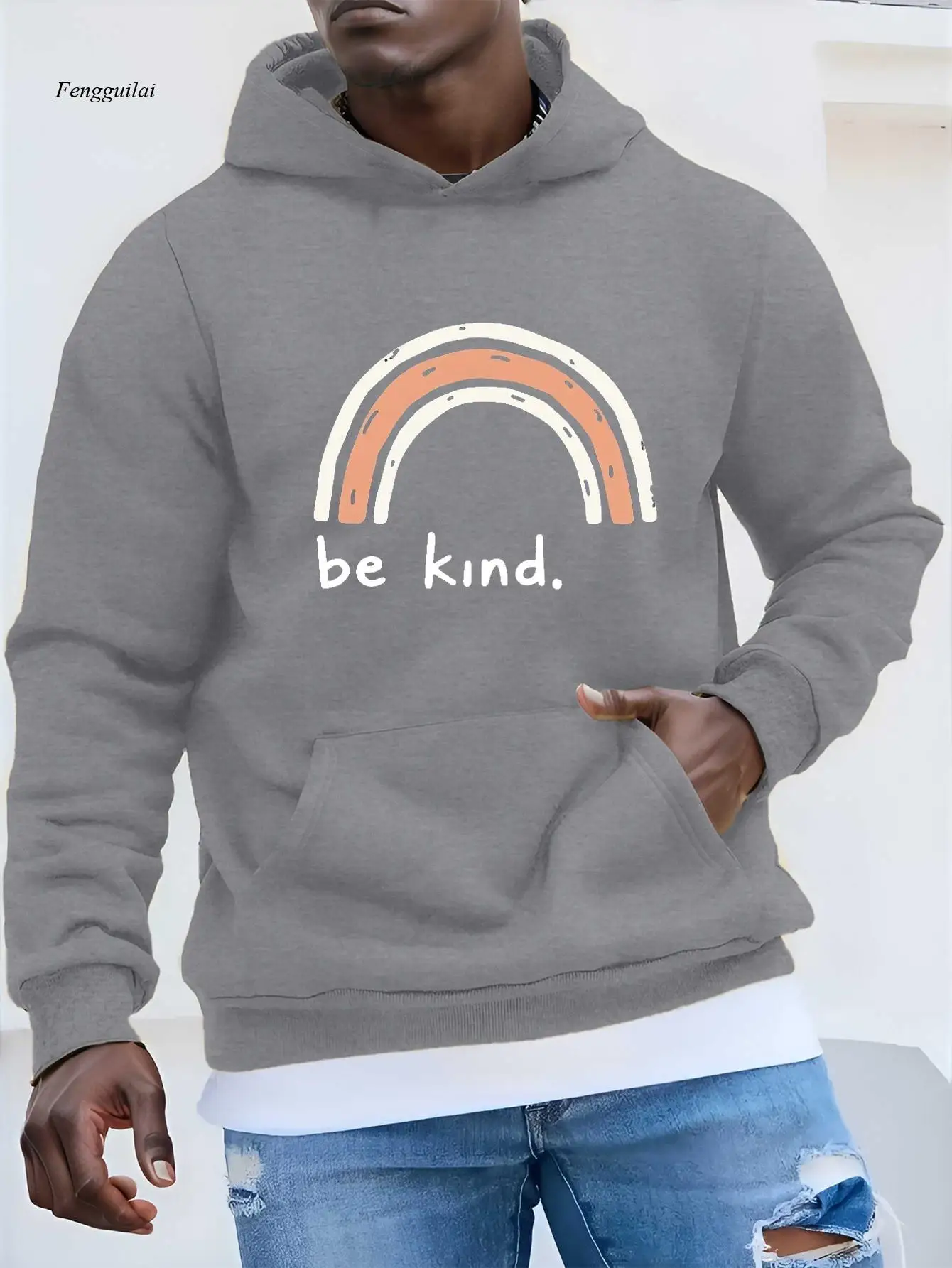 

Свитер с капюшоном Be Kind Rainbow Graphic — черный с белыми надписями и пастельным радужным дизайном, повседневный пуловер свободного покроя