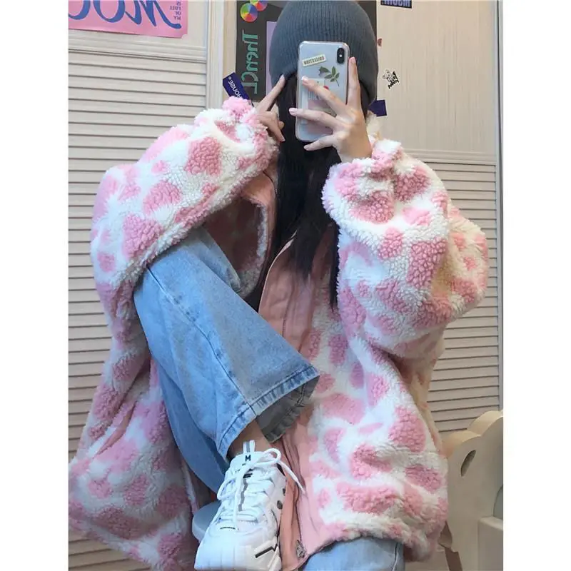 

Double-Sided Wear Leopard Print Lamb Fur Jaet Women's Autumn Winter European Sle Pink Cotton Coat Medium-Length Thiened...
