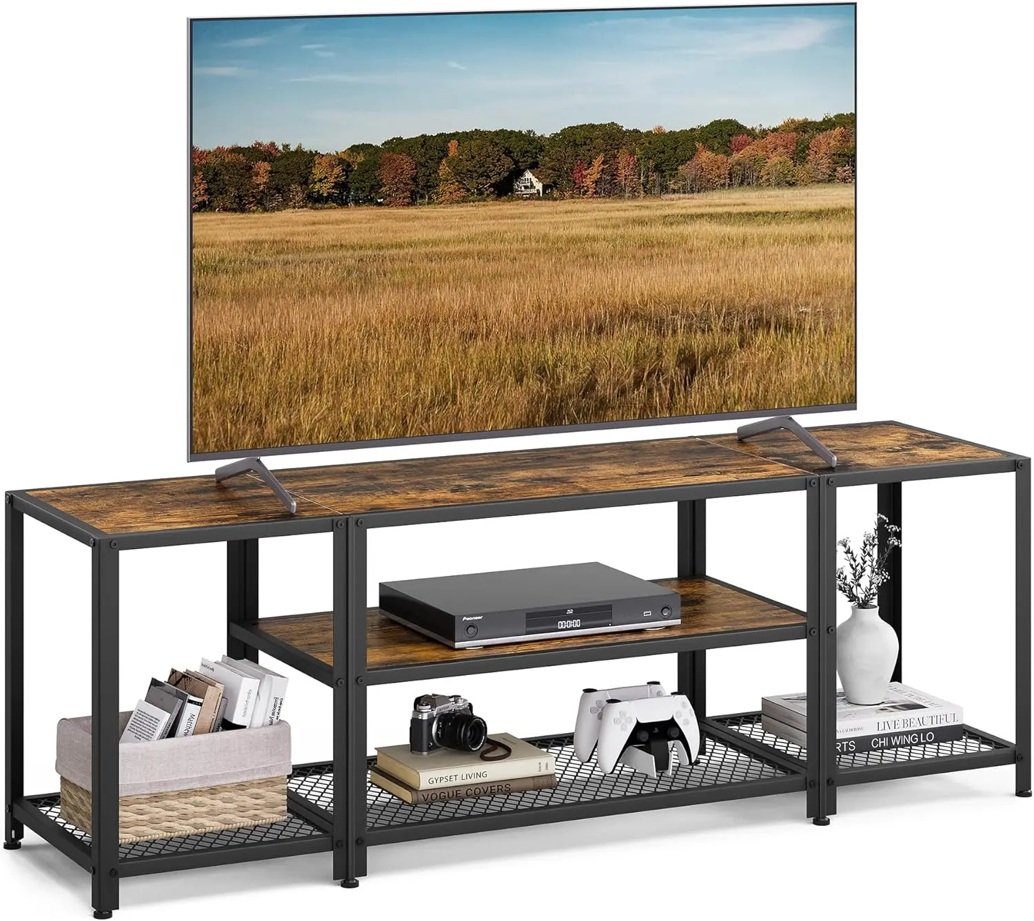 Stand for TVs up to 65 Inches, 3-Tier Entertainment Center, Industrial TV Console Table with Open Storage Shelves, for Living Ro