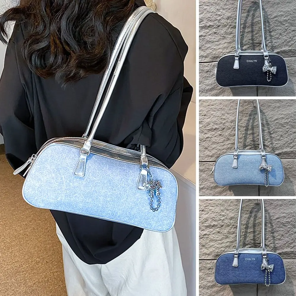 

Trendy PU Leather Shoulder Bag Denim Large Capacity Pillow Bag Casual Retro Underarm Bag Party