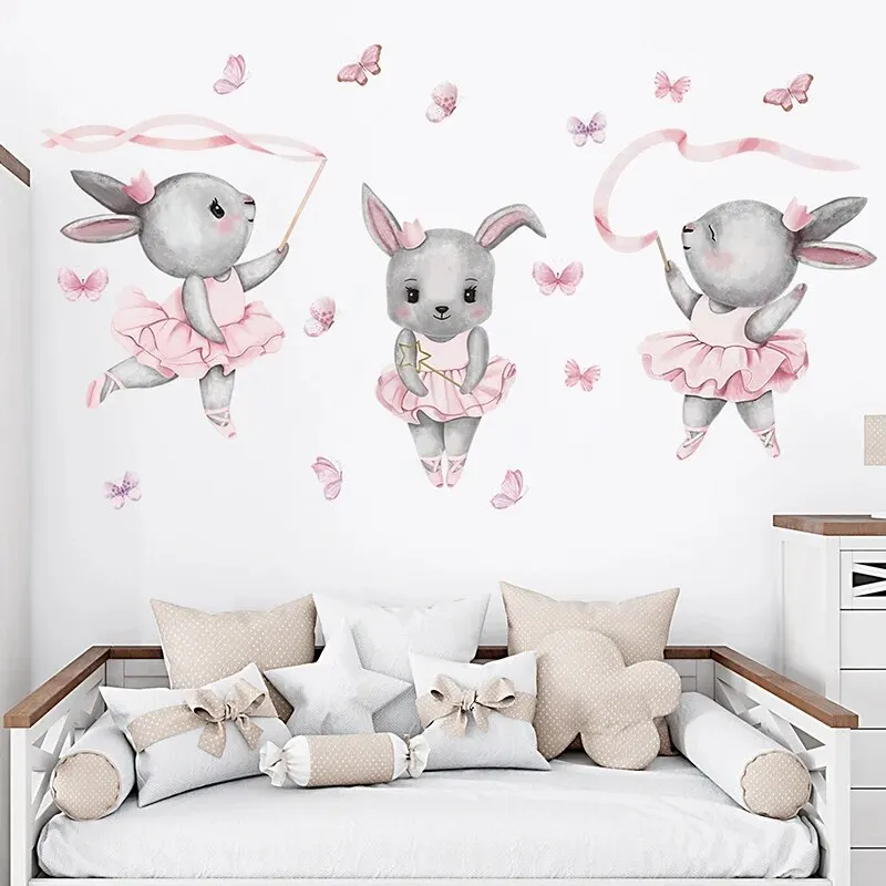 Cartoon Three Gray Rabbits Dancing Ballet Butterfly Wall Stickers for Kids Room Bedroom Nursery Home Decoration Wall Decal
