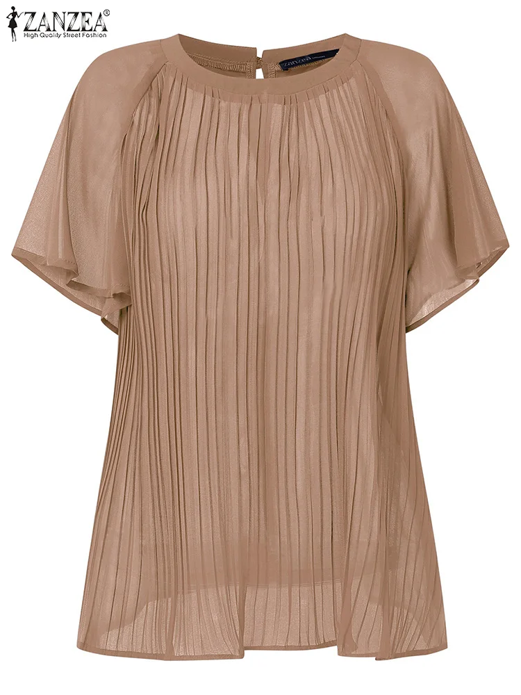 

Women Pleated Tops Blouse Fashion Solid Short Sleeve Blusas 2025 ZANZEA Casual Loose Work Office Tunic O-Neck Pullovers Femme