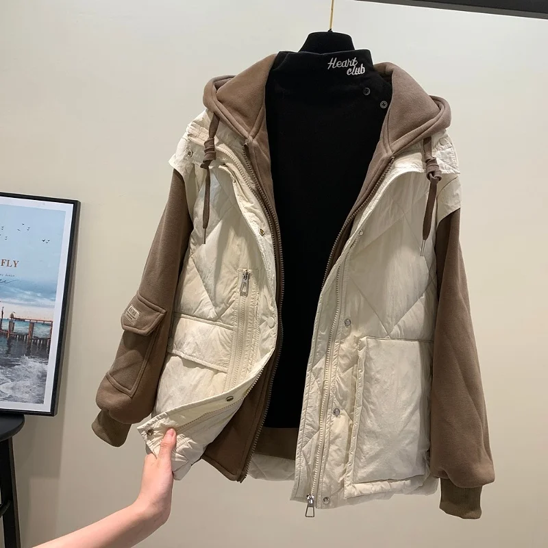 

European Style Hooded down Jacket Women's Sweatshirt Outerwear Cotton Vest Coat Trendy plus Size Autumn Wear Zipper Closure