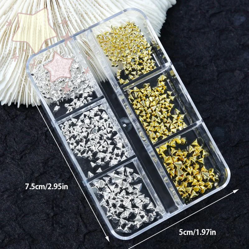 6 Grids Punk Nail Rivets Silver Gold Black Mixed Size Metal Bead Studs Round Cone Nail Art Charms Parts DIY Decoration