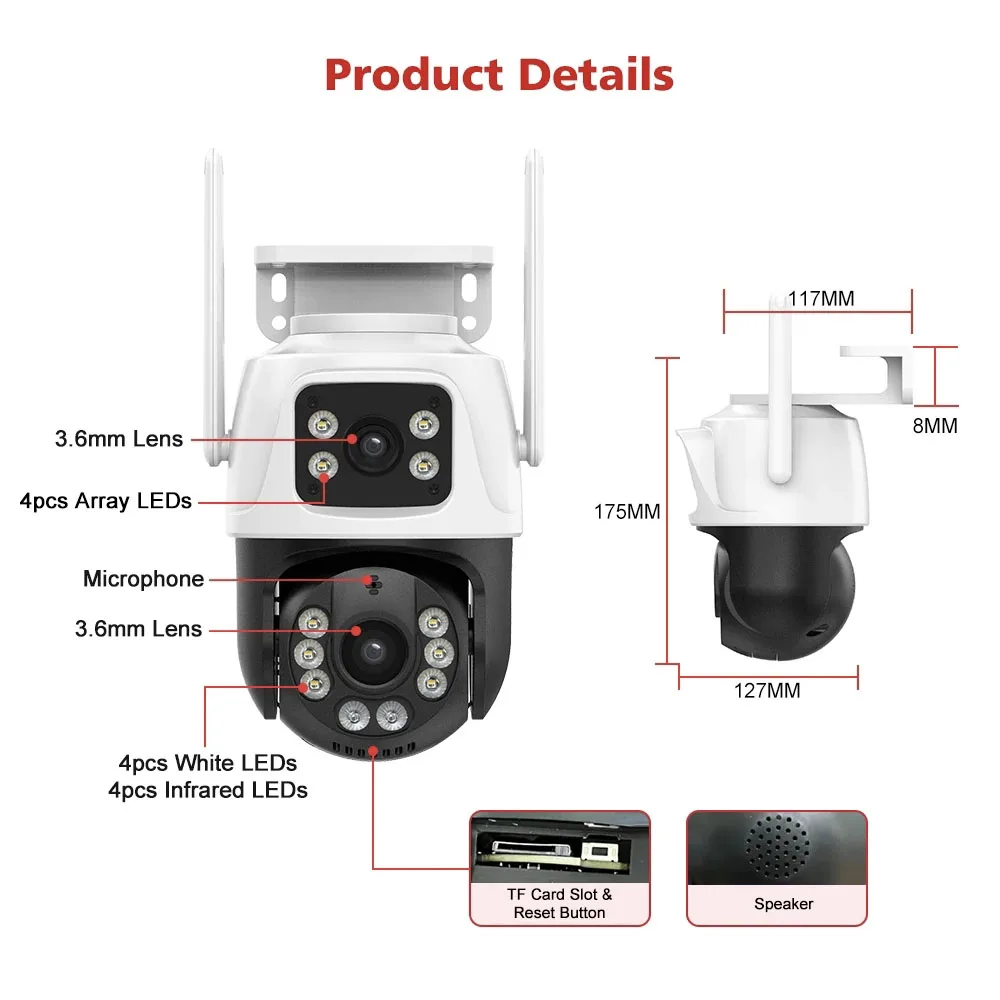 Câmera de vigilância impermeável ao ar livre, proteção de segurança CCTV sem fio, câmeras IP, Smart WiFi, 4K, 8MP, HD, PTZ 360, externo