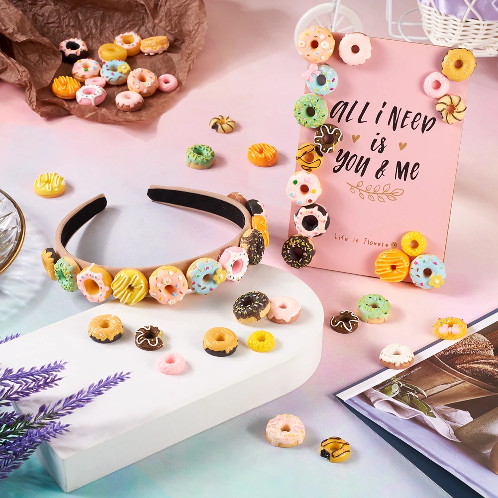 96Pcs Cute Donut Resin Flatback Cabochons Imitation Food Doughnut for DIY Mobile Phone Decoration Bobby Pin Hair Accessories