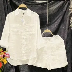 White Long Sleeve Shirts And Shorts Two Piece Sets Women Fashion  Summer Casual Linen Casual Home 2 Piece Set For Women Outfits