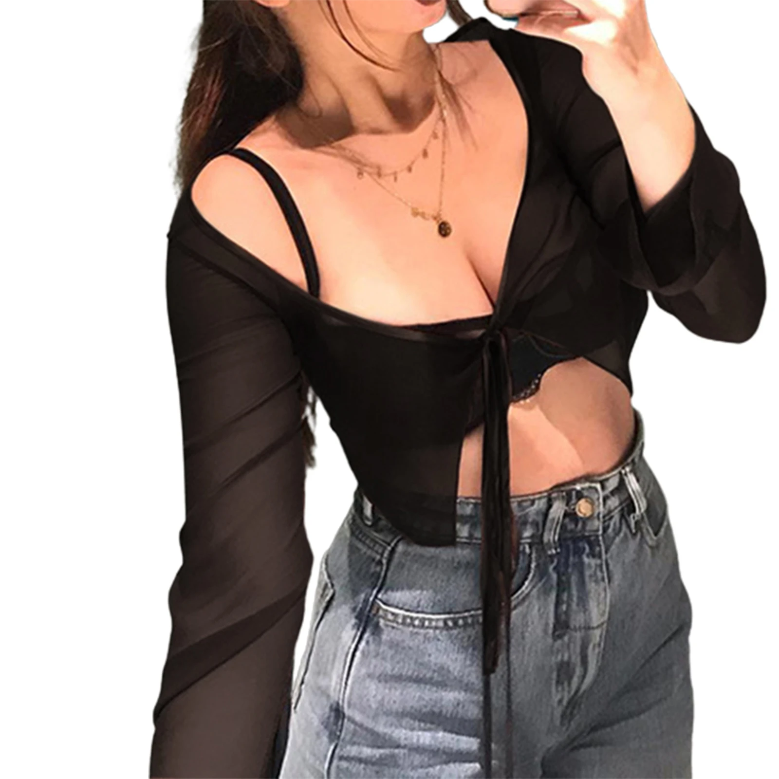 Womens Crop Tops Long Sleeve See Through Solid Color Tie-Up Cardigan Mesh Sheer T-shirt Sexy Summer Streetwear