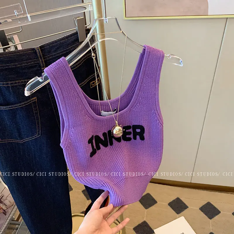 

Модные женские трикотажные майки с вышивкой букв, новые летние повседневные эластичные тонкие однотонные топы без рукавов с круглым вырезом