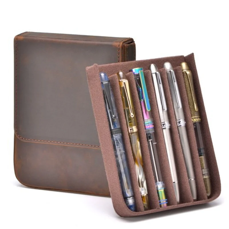 A+ Drawer Fountain Pen Case Asvine 6 Slots Retro Leather Magnetic Type Bag Pouch