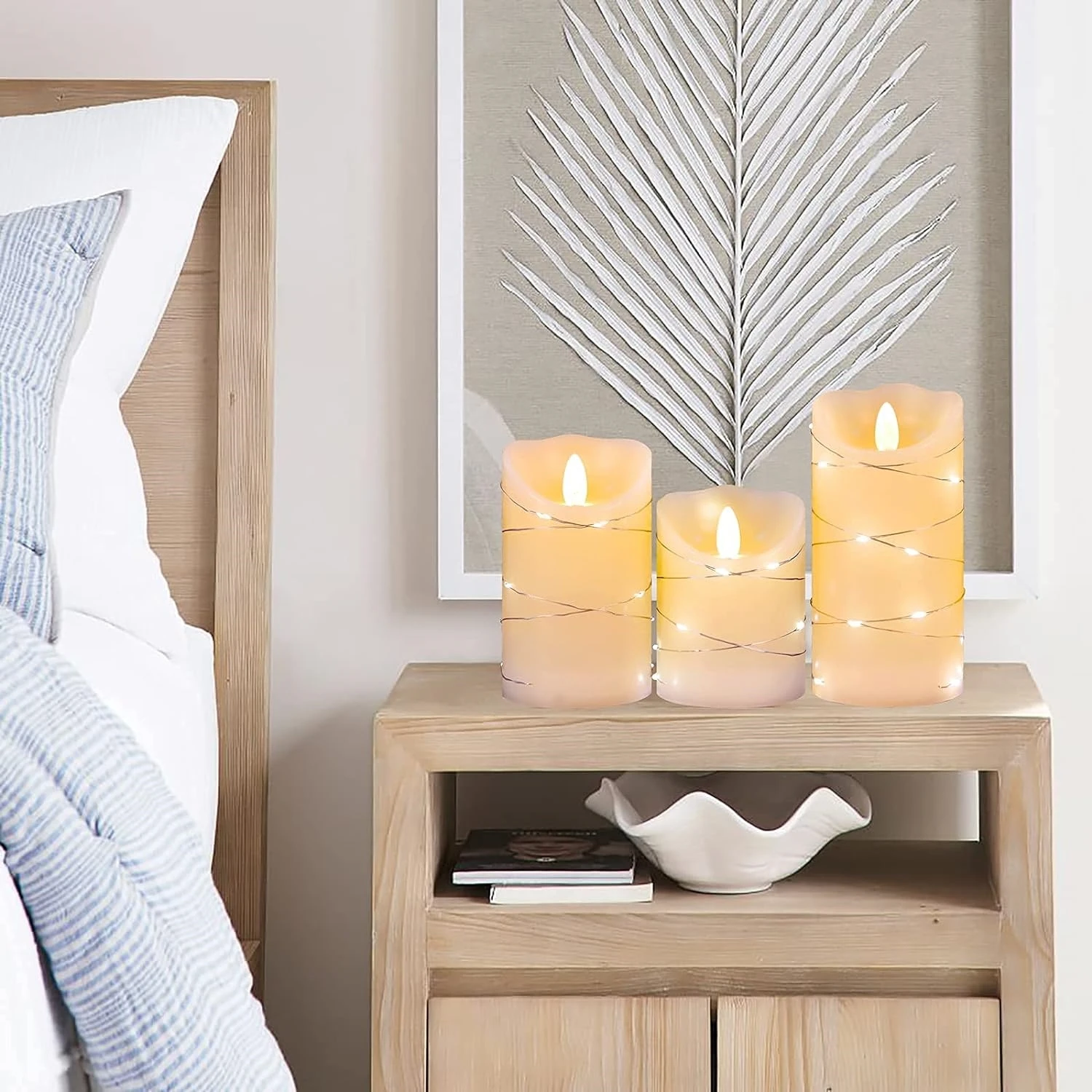 Pack of 3 Remote controlled Flickering Wavy edge Paraffin Pillar candle Embedded Led String light Xmas Wedding Ambient Lighting