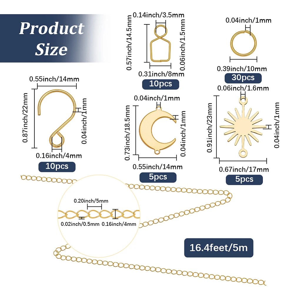 1 Box 10 Sets Gold Sun Catcher Kits 5M/196.8In Suncatcher Chains and Hooks Sun Moon Charms Ball Suspension Chain Kits for Window