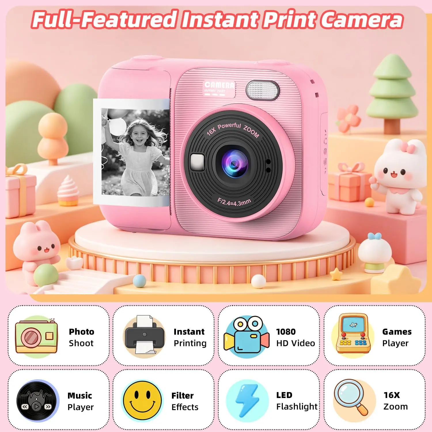 Kids Instant Print Camera with 5 Rolls Print Paper 1080P HD Toddler Selfie Camera for Children Best Christmas Birthday Gifts Toy