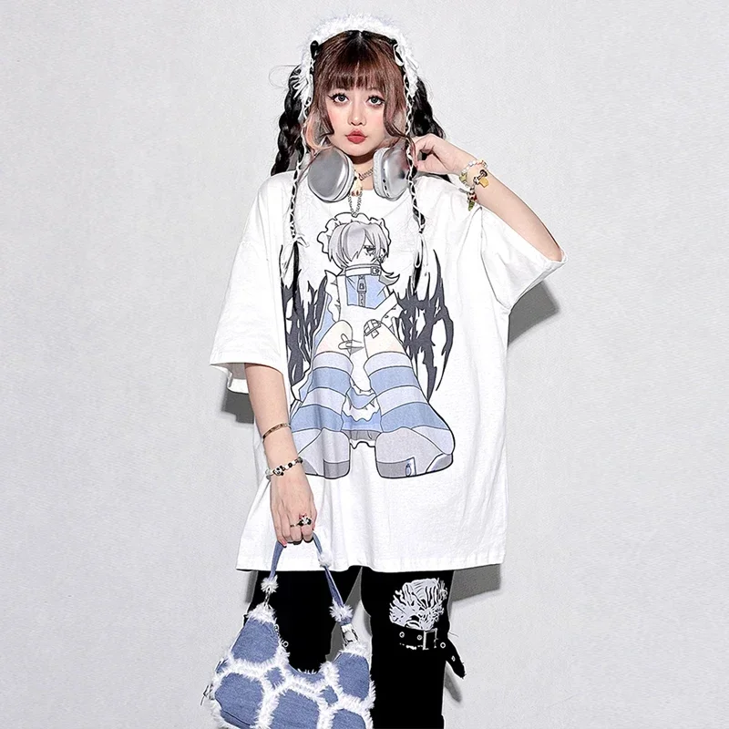 Hot Girl Streetwear Anime Print Black Loose T-shirt Women Harajuku Summer Mine College Cotton Tees Student Y2k Oversized Clothes