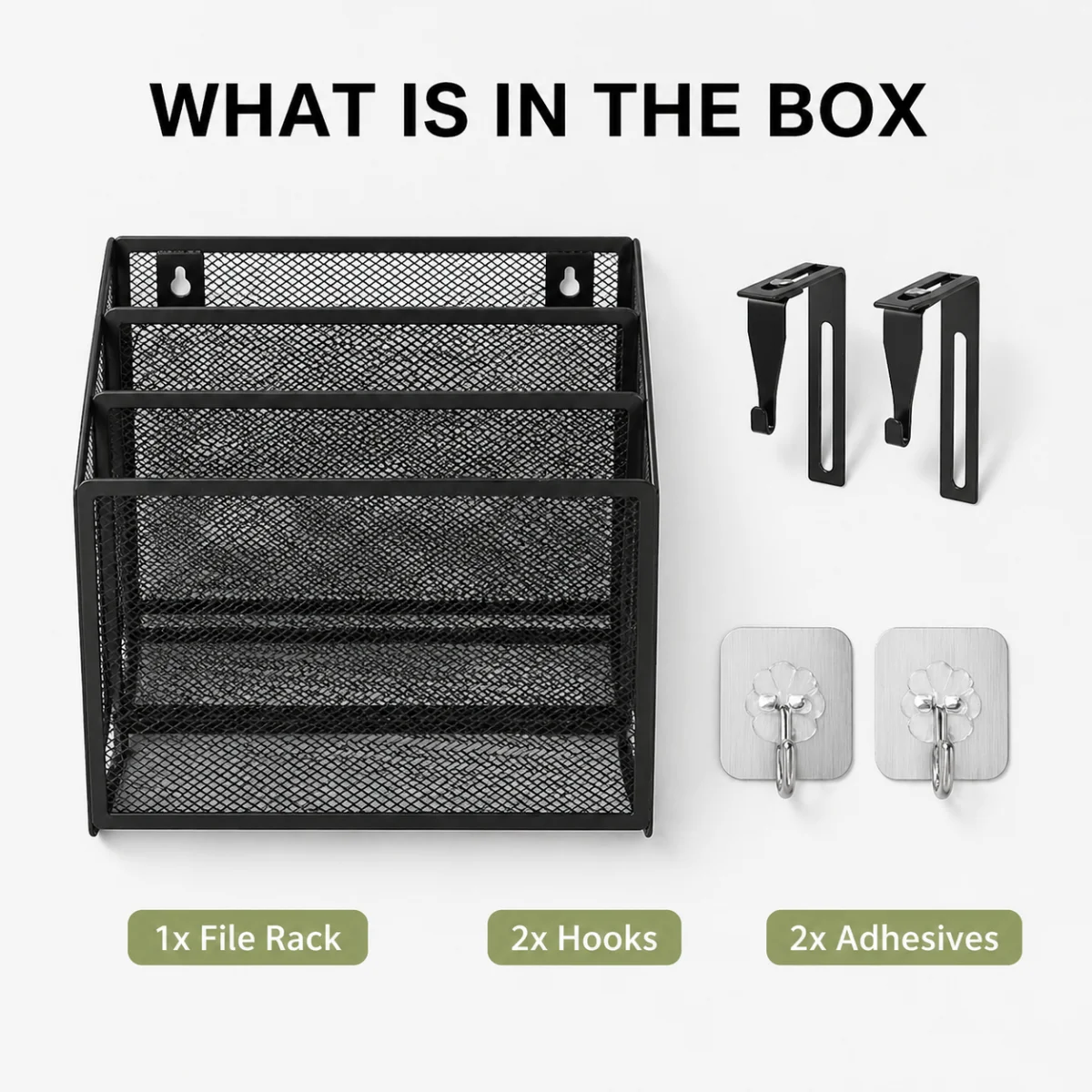 Space-Saving File Organizer Rack with Adjustable Hooks Drill-Free Adhesive Storage Basket for Desk Kitchen Recipe Book
