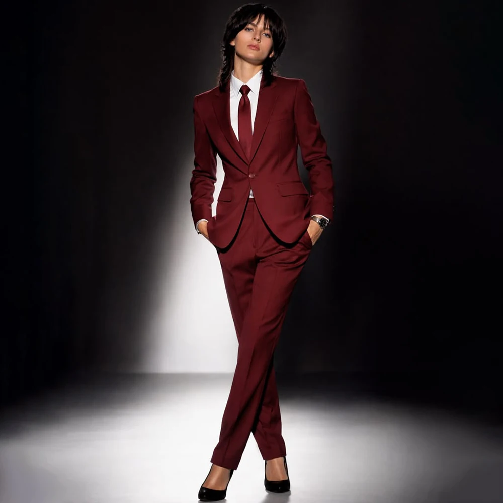 Chic Professional Women's Burgundy 2-Piece Suit Single Breasted Jacket+Pants Daily Office Lady Outfit Slim Fit Dinner Party Set
