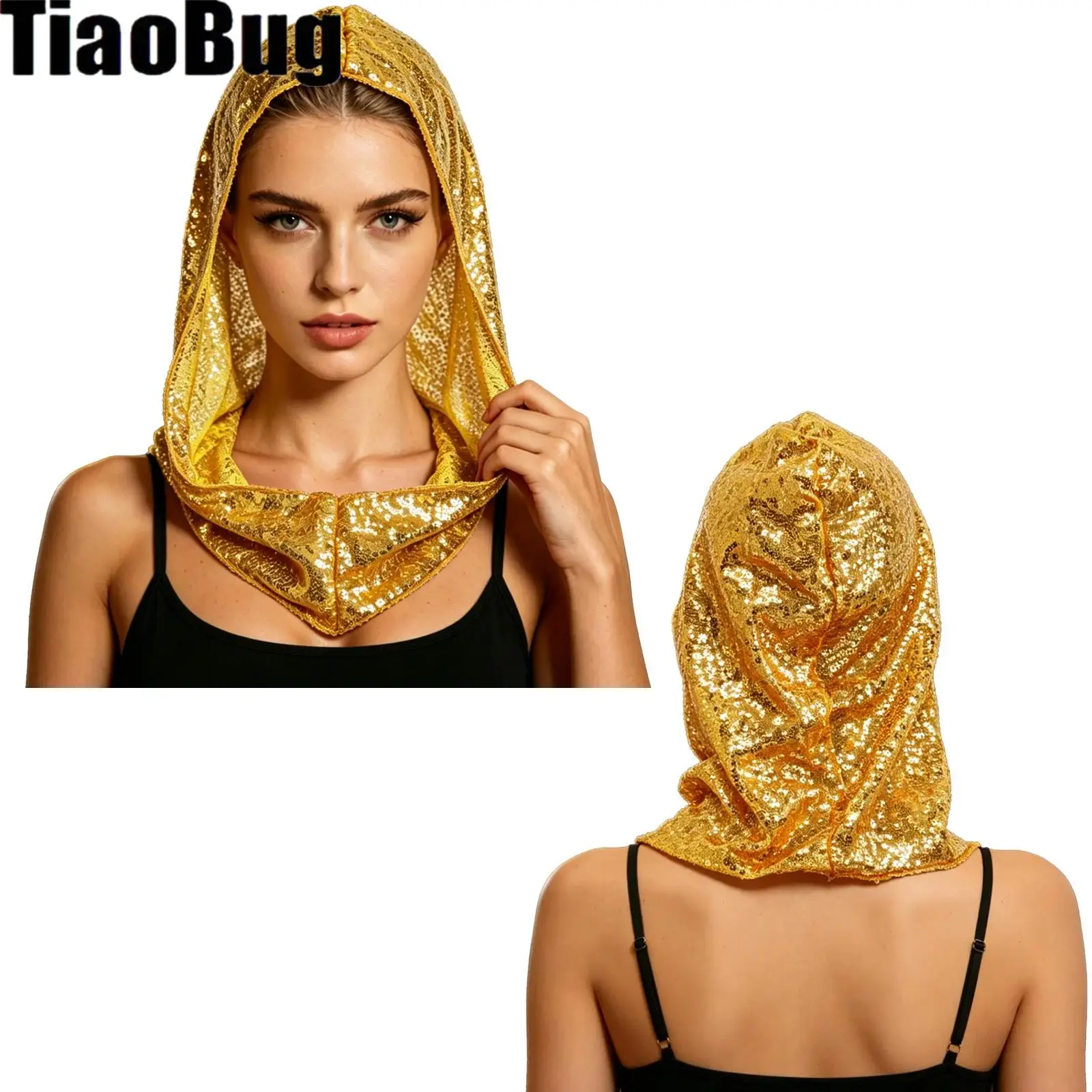 Women Sequin Pull-on Hat Cap Hood Headscarf Sparkly Bandana Costume Accessaries for Party Festival Events