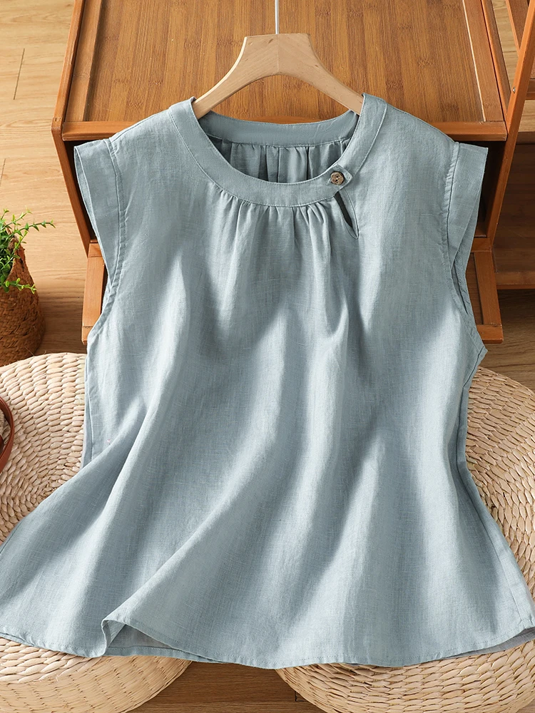 Retro Japanese Style Button Decorated Casual round Neck Sleeveless T-Shirt Women's Summer New Style Old Money Style Top
