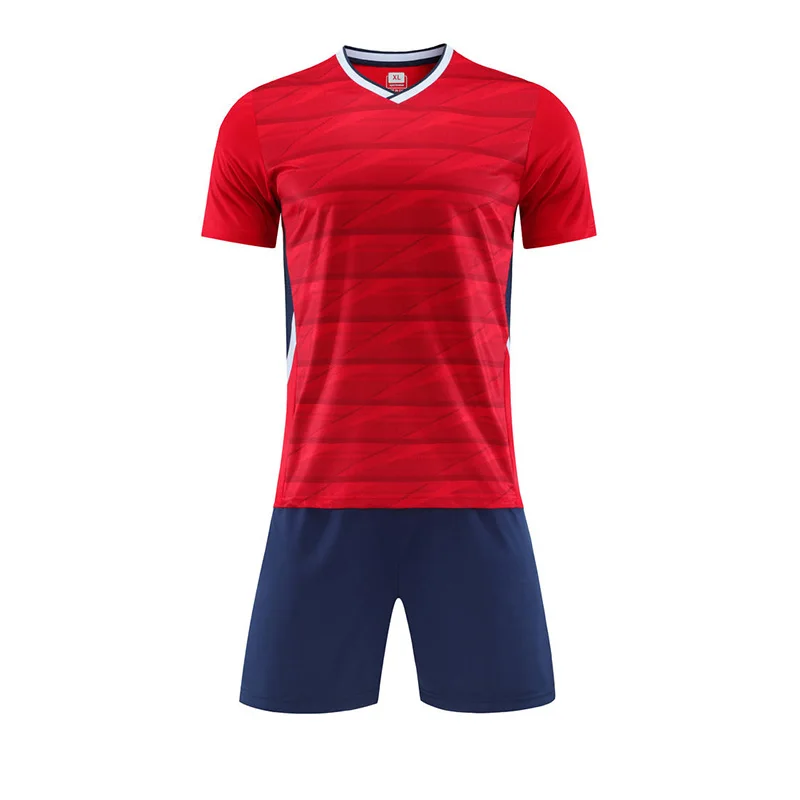 

Adult and Kids Dyed Red Interlock Sublimation Soccer Jersey Rib Collar Training Match Football Jersey and Short for Club Teams