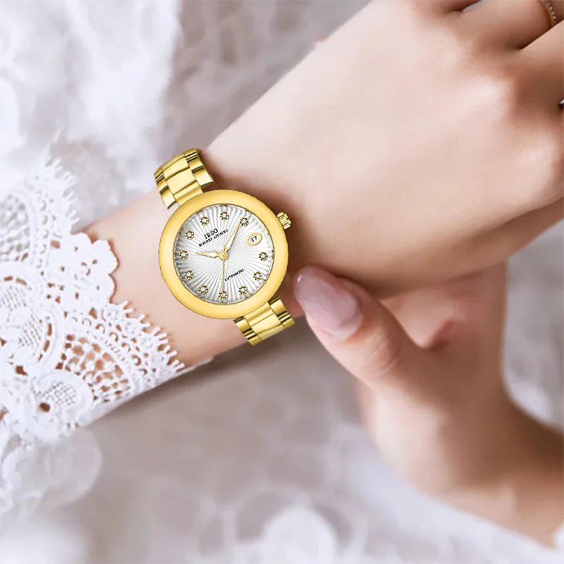 امرأة فاخرة ساعة أوتوماتيكية مقاوم للماء موضة ساعات المعصم الميكانيكية هدايا السيدات الماركات الأصلية ساعة اليد الإناث الرياح الذاتية