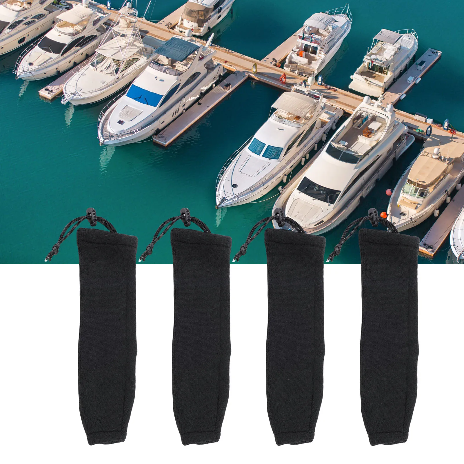 

4pcs Marine Boat Bumper Covers 20 X 63cm Black Knitted Elastic Strong Protection Boat Bumper Sleeves for Twin Eye Center Rope