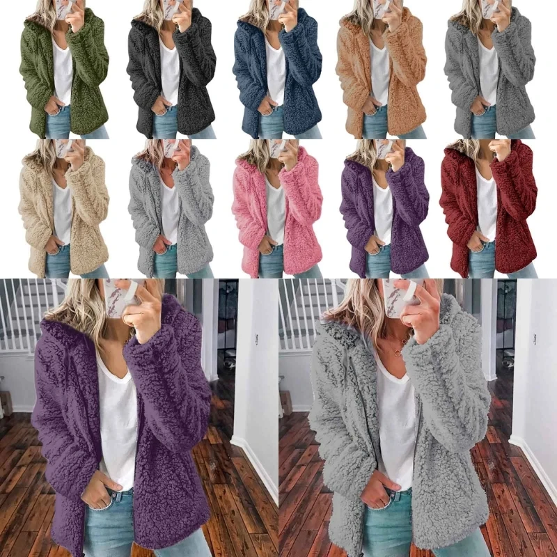 Womens Fuzzy Fleece Soft Warm Full Coat Long Sleeve Coat with Pocket