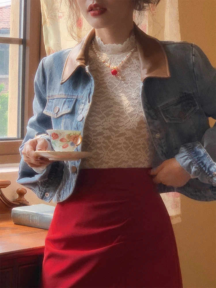 Yuan Ying Lace Long Sleeve Half High Collar Slim Fit Women's Base Shirt Vintage Style Commute Fashion Autumn Collection