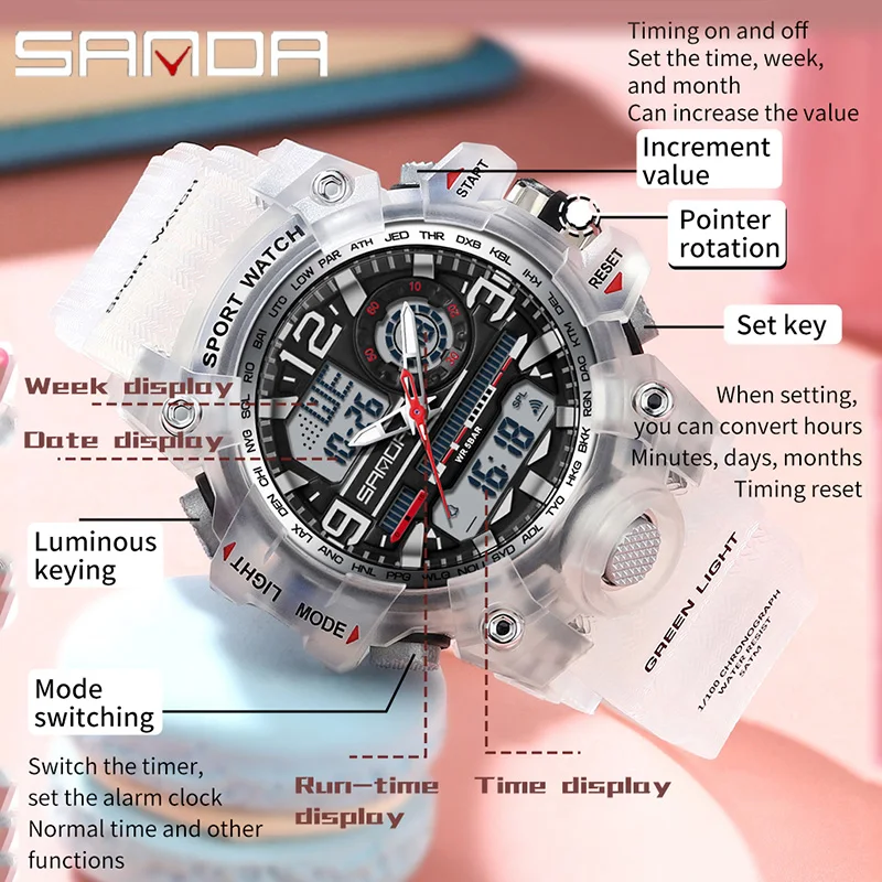 SANDA G-Style Ladies Watches Waterproof Outdoor Casual Clock Sports Military Women Watch Quartz Digital Dual-display Wristwatch