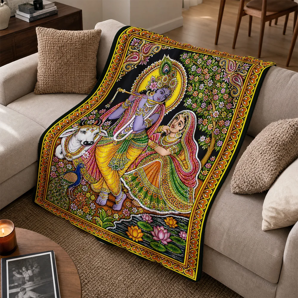 Premium Spiritual Indian Krishna Radha Art Print Throw Blanket Sofa Cover Home Decor Ethnic Mythology Cushion Accent Rug
